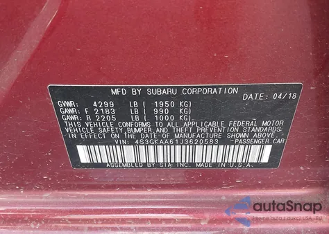 2018 Subaru Impreza 2.0I from USA, damaged, VIN 4S3GKAA61J3620583